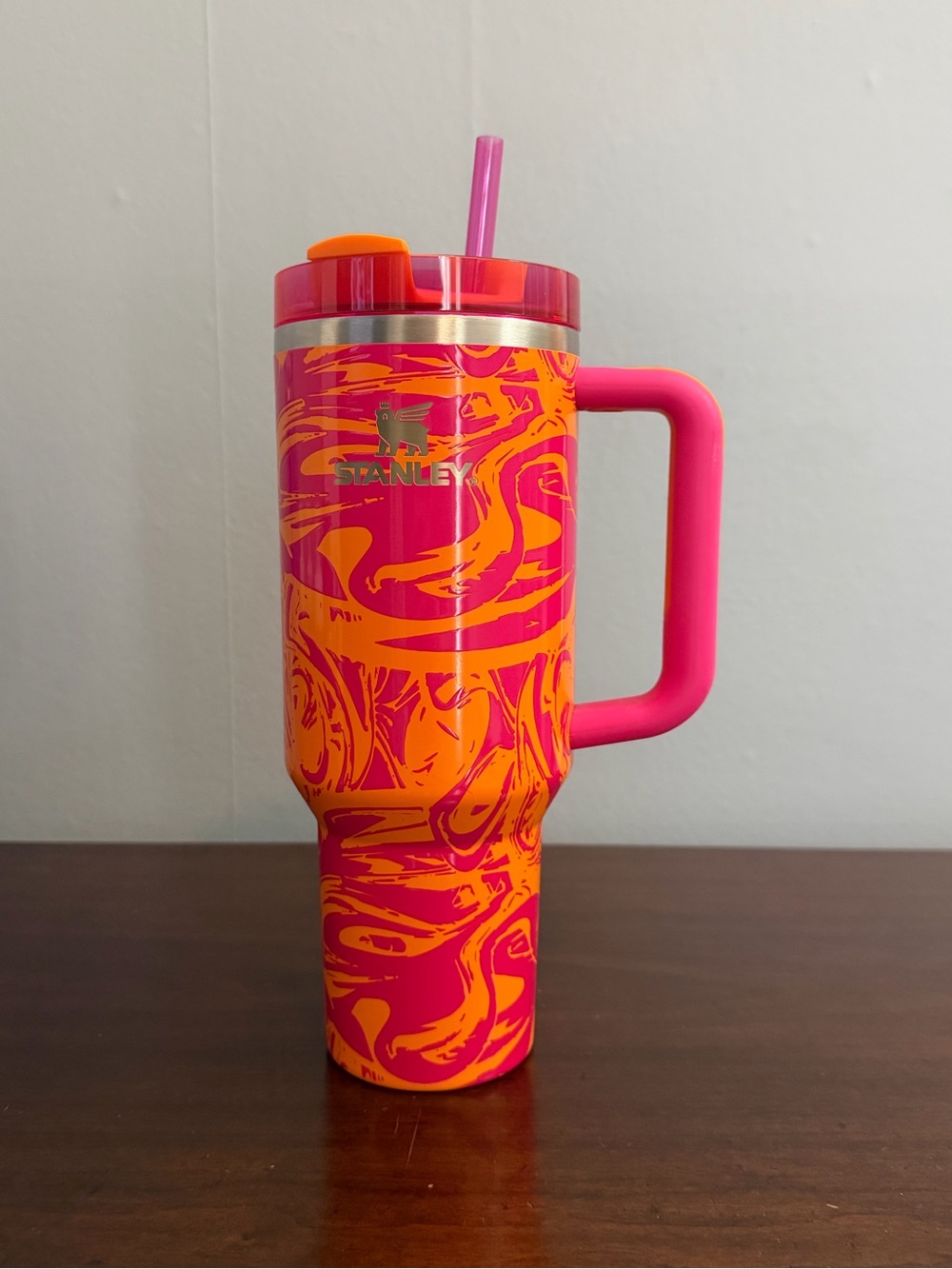 40oz Stanley Hot Pink and Bright Orange Swirl Travel Mug with Handle